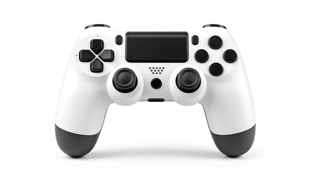 A white gamepad with black accents rests on a white background in a studio shot, exhibiting buttons and joysticks