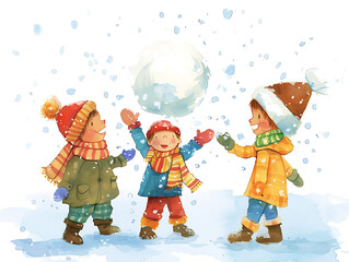 Happy children play snow watercolor illustration isolated on white. AI generated