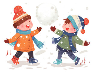 Happy children play snow watercolor illustration isolated on white. AI generated