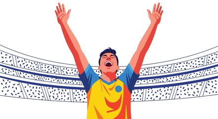 Victorious athlete celebrating in the stadium, arms raised high, crowd in the background, expressing joy after a successful achievement