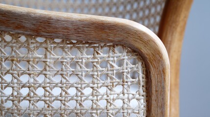 Close-up of the backrest of a wooden chair. the chair has a curved wooden armrest with a woven rattan seat. the seat is made of light-colored wood and has a woven texture.