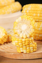Fresh Golden Corn Cobs Sliced on Wooden Board - Healthy Organic Vegetable Food Preparation
