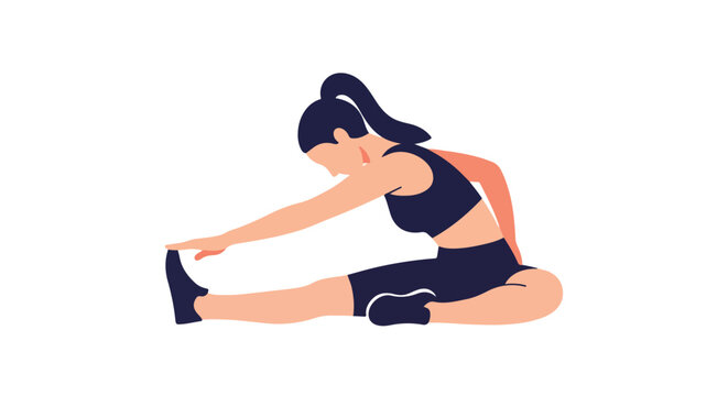 Athletic woman stretching hamstring on the floor in sportswear, promoting wellness and physical health with a minimalist design style