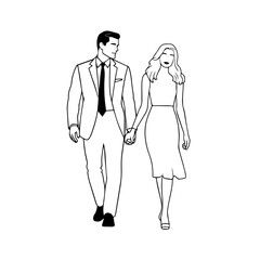 Black and White Vector Illustration of a Couple Man and Woman in Minimalistic Clean Line Art Style