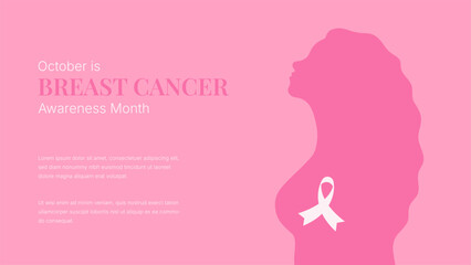 Breast cancer awareness month pink background with copy space. Silhouette of woman and ribbon in flat minimalist style. World campaign. Vector illustration for banner card info