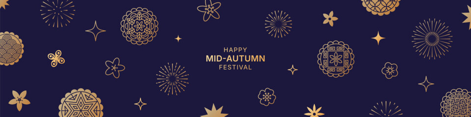 Moon festival banner template with gold elements on dark blue background. Mooncake, fireworks and stars in flat geometric style. Mid Autumn holiday vector illustration for poster web card