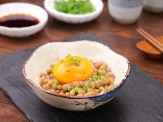 Japanese Natto with Raw Egg Yolk Traditional Fermented Soybean Breakfast Dish