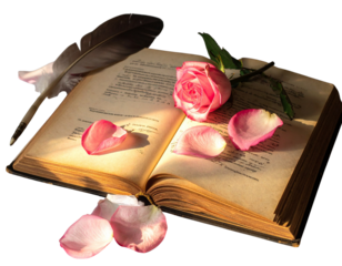  Pink Rose Petals with Vintage Book and Feather Quill