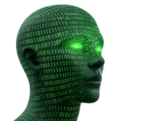 Abstract Digital Tech Head with Binary Code Flow