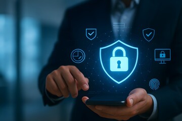 Cybersecurity and mobile data protection – glowing shield interface with secure access, verification, and digital safety tools