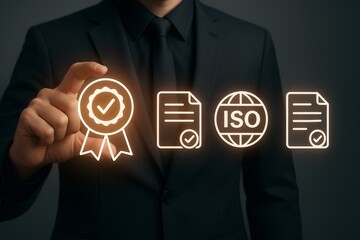 ISO certification and quality compliance – glowing interface with international standards, documentation, and business assurance