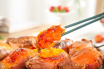 Shandong Honey Glazed Baked Sweet Potatoes with Chopsticks - Traditional Chinese Street Food