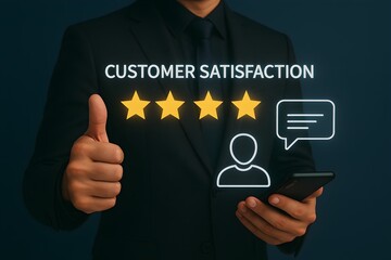 Customer satisfaction and positive feedback – five-star rating with communication icons and business approval gesture
