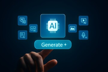 AI-powered content generation – glowing interface with multimedia creation tools for text, image, video, audio, and code