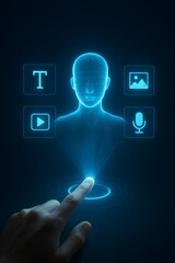 Multimedia AI interface and user interaction – glowing holographic head with icons for text, image, video, and voice input