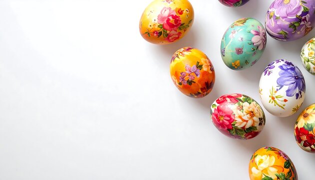 Colorful decorated eggs arranged on white background