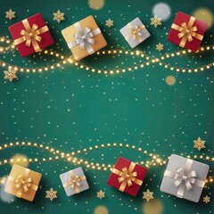Obraz premium Festive gift boxes with ribbons and sparkling lights on green backdrop