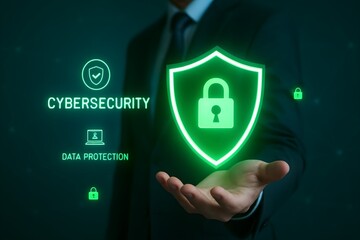 Cybersecurity and data protection – glowing green shield icon with padlock in digital business interface