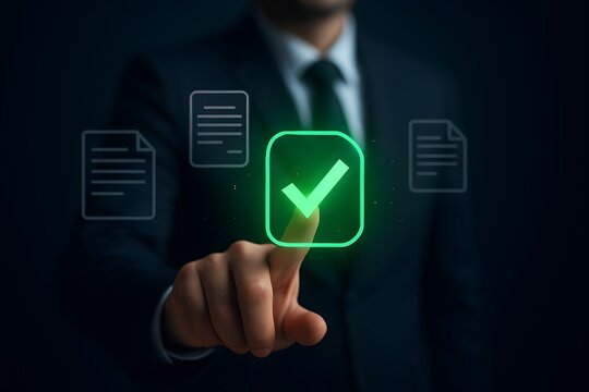 Digital approval and document verification – glowing checkmark interface with task completion and workflow management tools