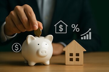 Saving and real estate investment – financial planning with piggy bank, house model, and digital growth icons