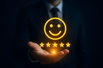 Five-star customer satisfaction – glowing smiley face and rating icons in professional business context