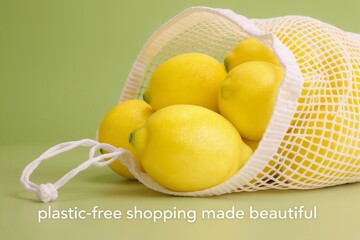 Lemons in reusable mesh bag on green background