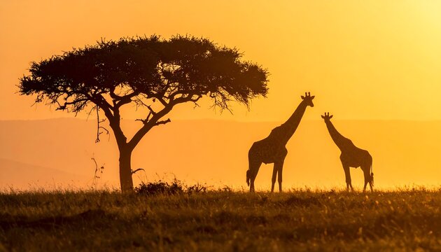 Sunrise silhouettes of giraffes and acacia tree