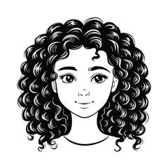 Black and white sketch of a young woman with voluminous curly hair