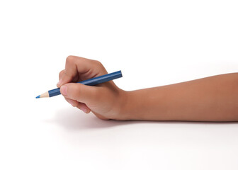 Young hand holding blue pencil, ready to write or draw on a white background.