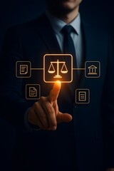 Digital justice system interface – glowing legal icons of balance, documents, courthouse, and governance network
