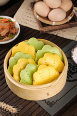 Bicolor Lotus Leaf Shaped Steamed Buns in Bamboo Steamer Traditional Asian Dim Sum Food