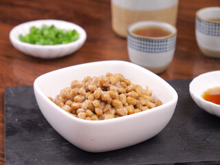 Japanese Natto Fermented Soybeans with Tea Traditional Asian Breakfast Food