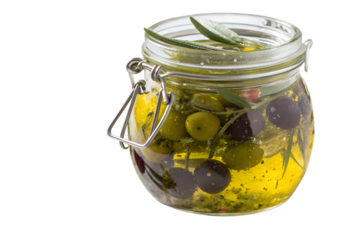 Jar of marinated olives with herbs and spices