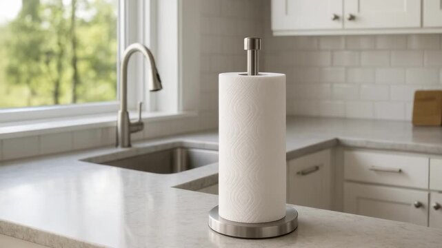 Paper towel roll on a metal holder sits on a kitchen counter near a sink in a bright white-tiled kitchen.