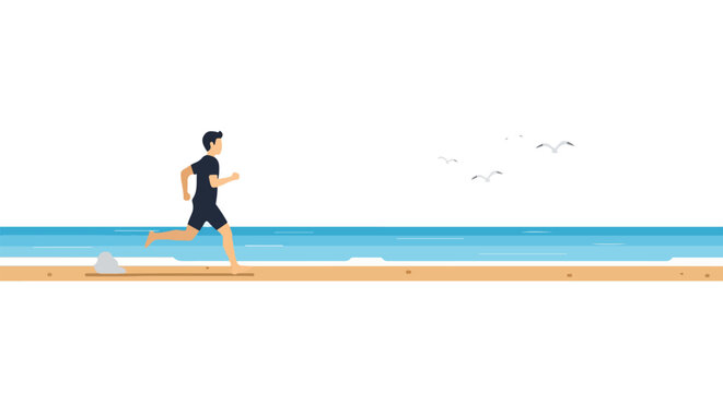 Vector illustration showing a man jogging along a sunny beach with seagulls in the background, ideal for a wellness campaign or travel brochure 152