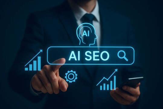 AI-powered SEO optimization interface – concept of intelligent search strategy, analytics, and digital growth
