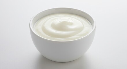 A bowl of creamy white yogurt on a plain white background.