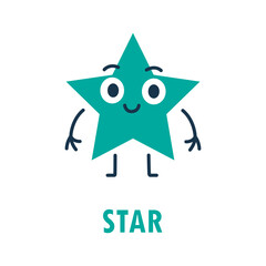Cartoon star shape with happy face, arms and legs. Cute geometric character illustration for children education and learning