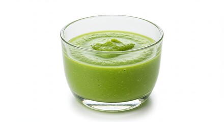 A glass of vibrant green pea soup or puree on a white background.
