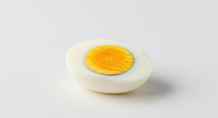 A perfectly cooked hard-boiled egg cut in half revealing a bright yellow yolk and white albumen on a plain white background.