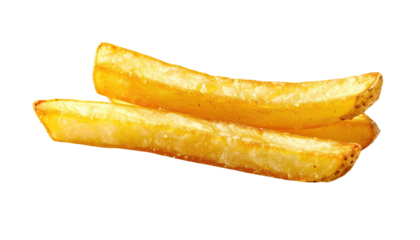 Two golden-brown, crispy french fries, overlapping slightly