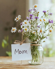 Mother's Day morning bouquet in jar with "Mom" tag on wooden table, family blogs, floral bouquet