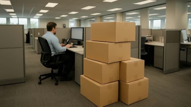 An office workspace with a man at his computer and a stacked pile of cardboard boxes in the foreground.