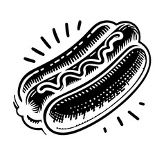 Black and white drawing of a hotdog with mustard on a bun with radiating lines around it design