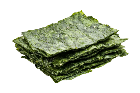 Stack of crispy roasted seaweed snacks isolated on transparent background