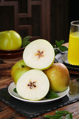 Fresh Linfen Pears from Shanxi China - Crisp Sweet Fruit with Natural Juice on Rustic Wooden Table