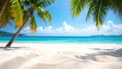 Obraz premium A tropical beach scene with soft, white sand, clear turquoise water, distant islands, and swaying palm trees under a bright blue sky