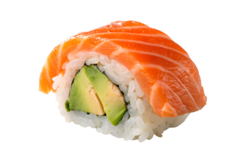 Fresh salmon and avocado sushi roll on black background