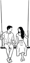 Couple holding hands sitting on a swing in a simple line art drawing on transparent background