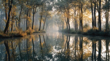 Obraz premium mirror. A serene forest scene reflected perfectly in still water, illuminated by golden sunlight filtering through trees. travel magazines.